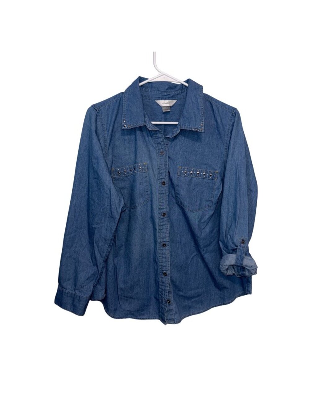 CJ Banks Denim Shirt  Silver Stud Detail Button Front Roll-Up Sleeves Womens 0X